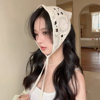 Spring Summer Knitted Triangle Headband Handmade Crochet French Pastoral Flower Headband Towel Little Flower Headscarf