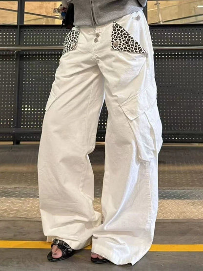 Vintage Chic American Vintage Trousers Pocket Design Leopard Print Button Long Denim Pants 2000s Casual Loose Straight Leg Pants