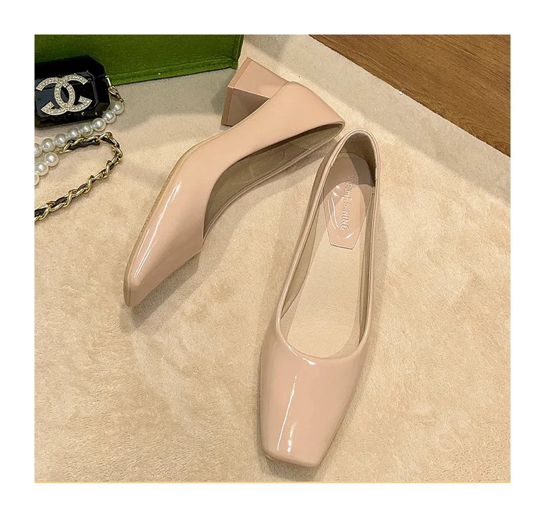 Women Novelty Shoes Square Toe Patent Leather New Arrivals Slip-On Black Wine Beige Chaussures 5cm Thick Heels Pumps For OL 43 7