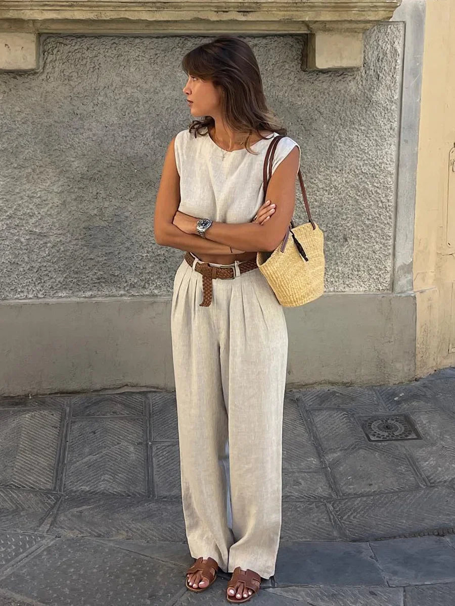 Women's Summer Cotton Linen Vest Pants Set Office Lady Chic Short Vest Casual Trousers Female Loose Long Pants Suits