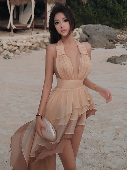 Temperament Tassel Dress Women Backless Sleeveless Halter Gradient Color Lace Pleated Sexy Beach Vacation Party Bodycon