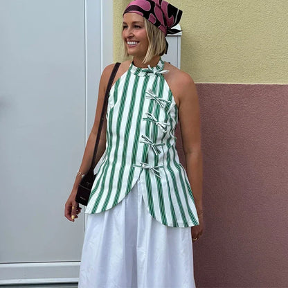Casual Striped Vest Skirt Suits Women O-neck Sleeveless Bow Tops Pleated Long Skirts 2025 Summer Chic Office Lady Sets New