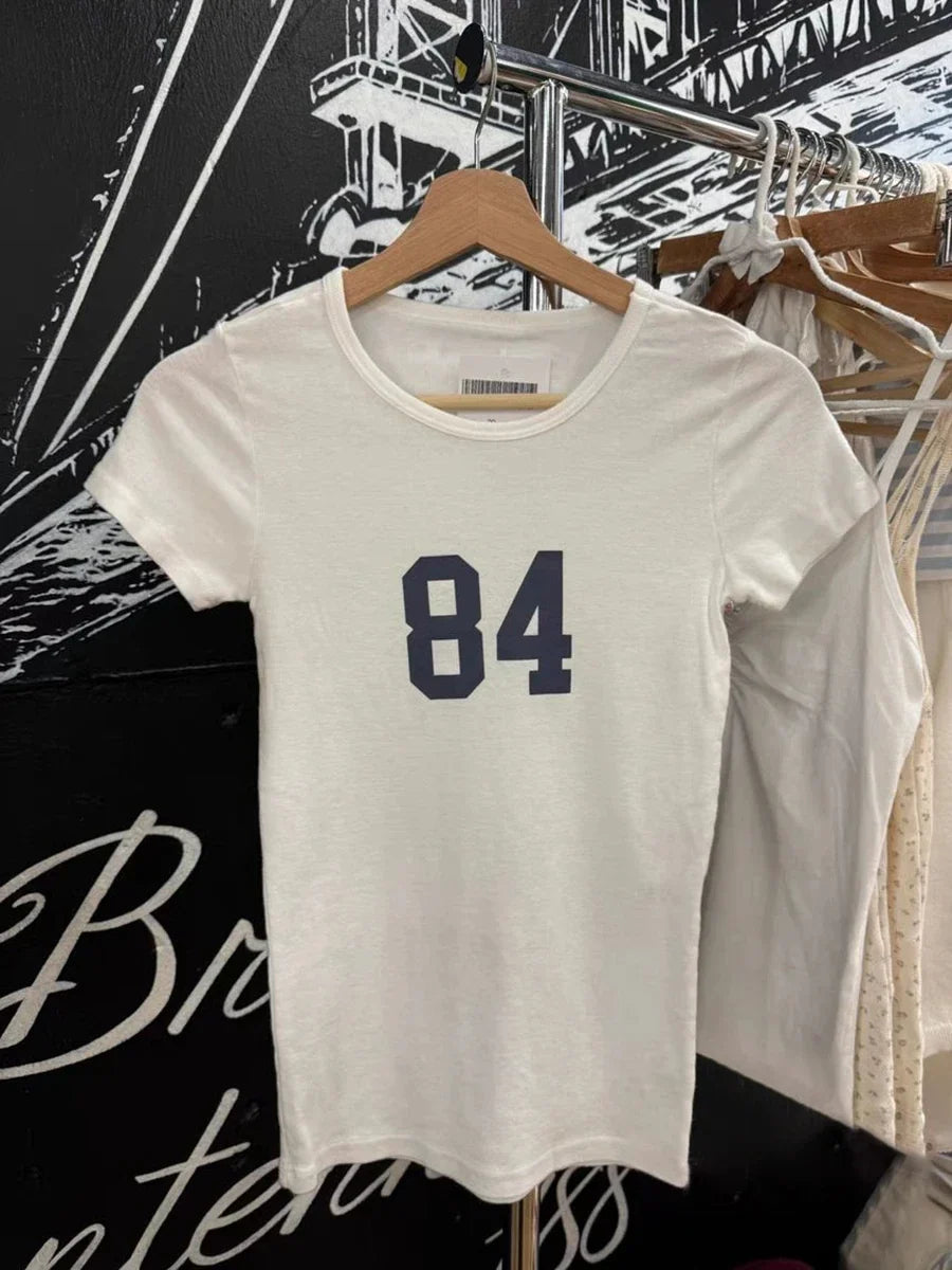 NO.14 Print Slim Navy T-shirts Women New Cotton Casual O-neck Short Sleeve Tees Girl American Vintage Streetwear Tshirt Y2K Tops