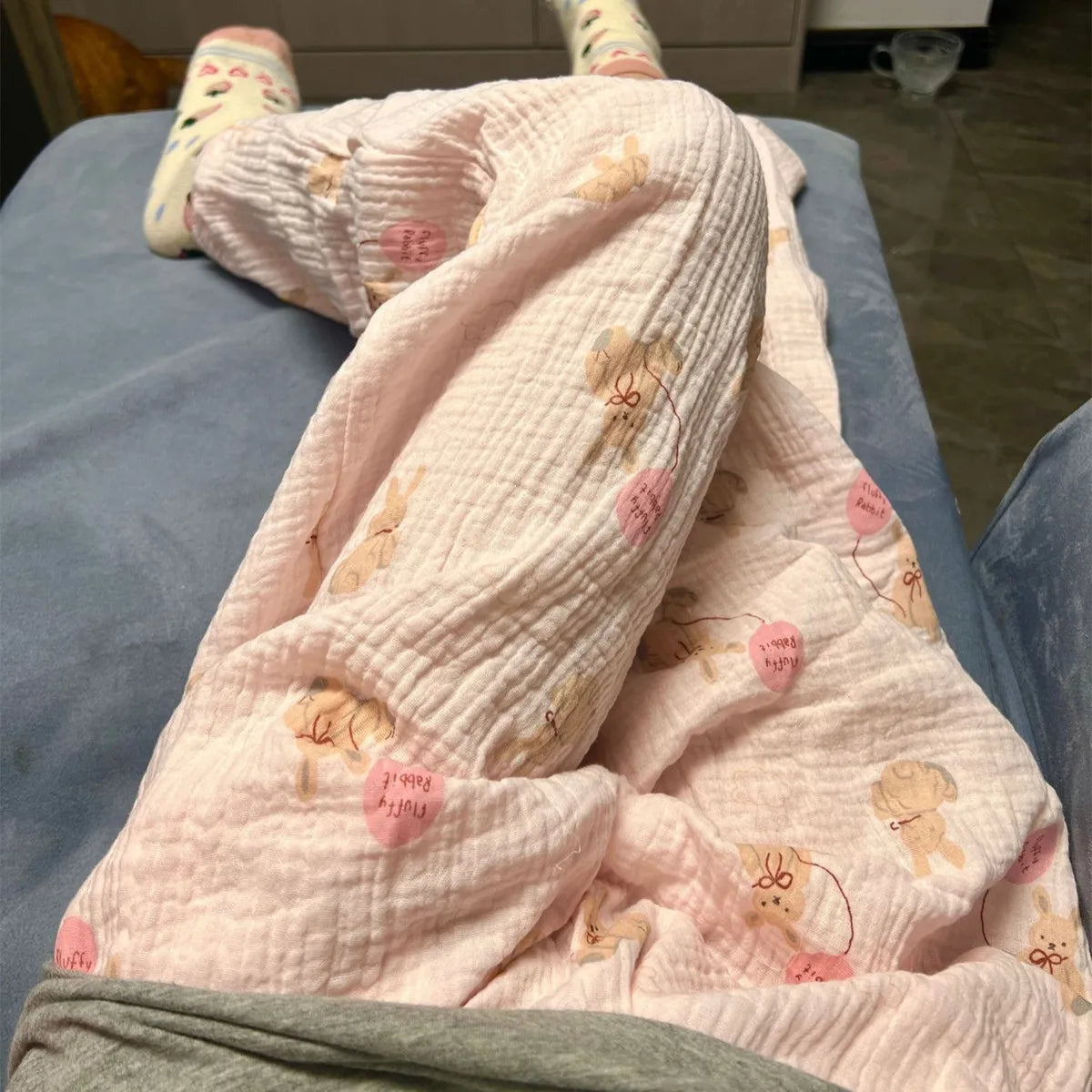 Pink Rabbit Crepe Cloth Gauze Sleeping Pants for Women Autumn/Winter Cute Home Sleeping Bottoms Loose Comfortable Pajama Pants