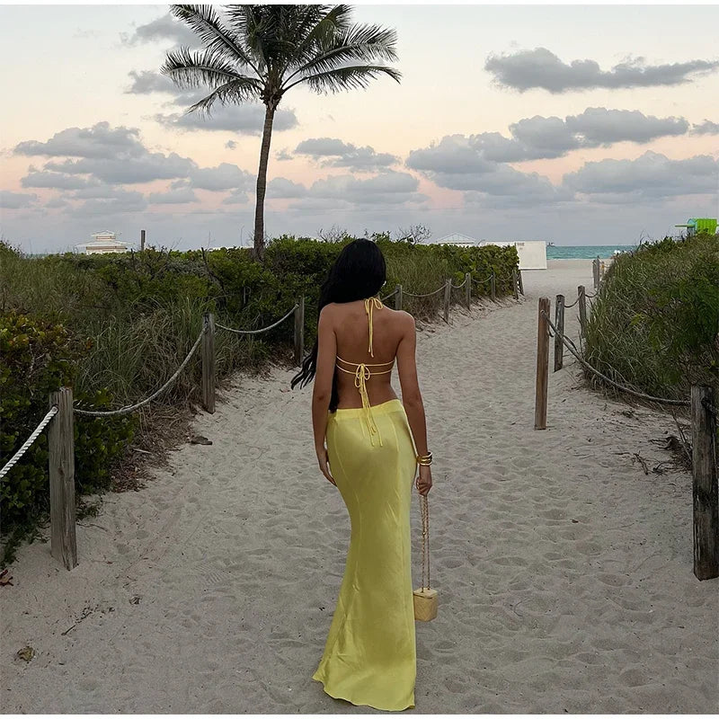 Sexy Sequined Bikini Top Skirt Sets Women Halter Lace Up Backless Crop Top Hip Package Long Skirts 2025 Summer Lady Beach Suits