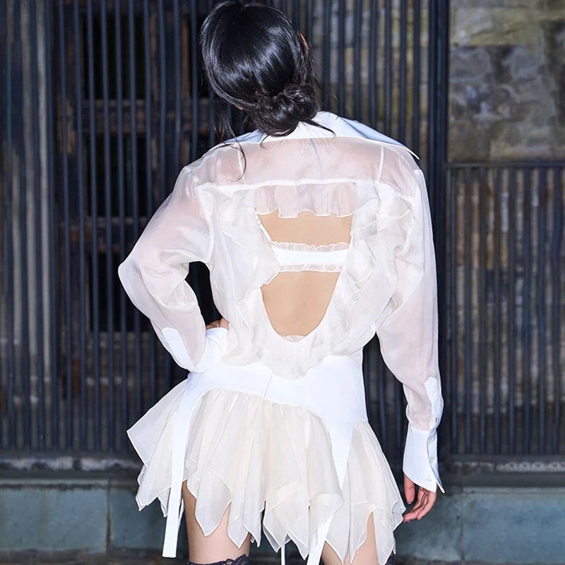 Sexy See-Through Hollow Cardigan Top High Waisted Lace Up Skirt Suit Women's Y2K Hot Girl Outfits Club Party Fashion Suit