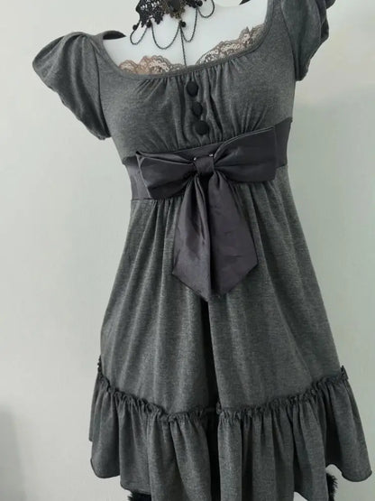 Gray Retro Vintage Square Neck Bow A Word Skirt Vintage Dress Short Skirt