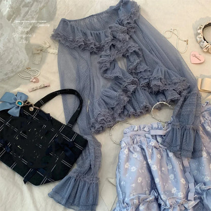 See Through Long Sleeve Japanese Shrugs Autumn Mesh Ruffle Sweet Cropped Jacket Thin Air Conditioning Shirt Short Sun Protection