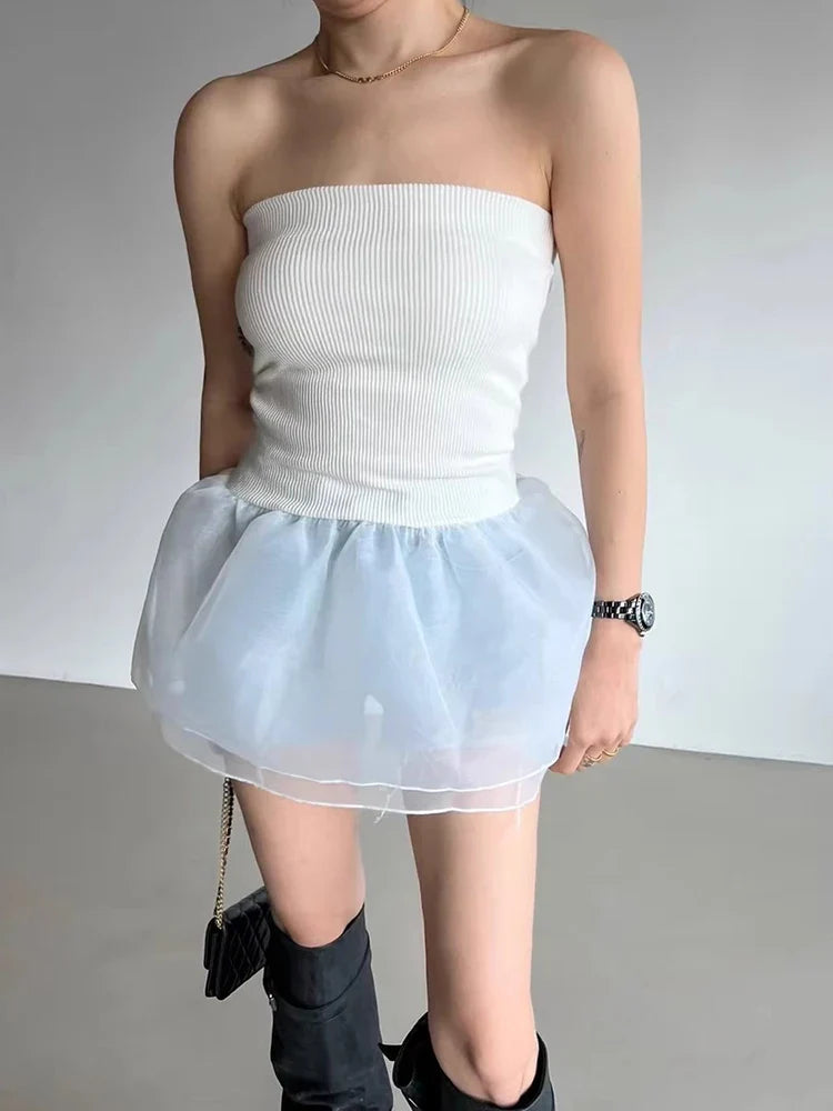 South Korea Chic Tops Summer French Sexy Line Collar Slim Tanks Patchwork Mesh Skirt Bottom Wipe Chest Vest Top Women