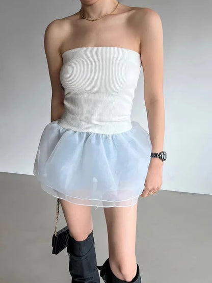 South Korea Chic Tops Summer French Sexy Line Collar Slim Tanks Patchwork Mesh Skirt Bottom Wipe Chest Vest Top Women