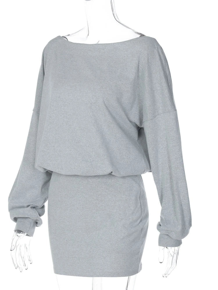 Women's Off-Shoulder Dress Solid Color Long Sleeve Elastic Waist Slim Fit Hip Wrap Mini Dress Fall Fashion Streetwear