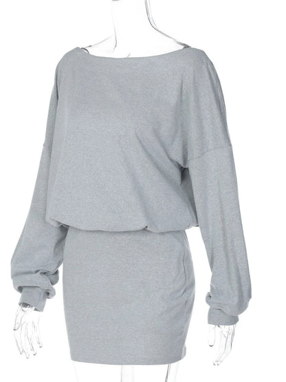 Women's Off-Shoulder Dress Solid Color Long Sleeve Elastic Waist Slim Fit Hip Wrap Mini Dress Fall Fashion Streetwear