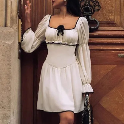 White Elegant A-line Mini Dress Women 2025 New Spring Square Collar Long Sleeve Vestidos High Waist Casual Fashion Short Dresses