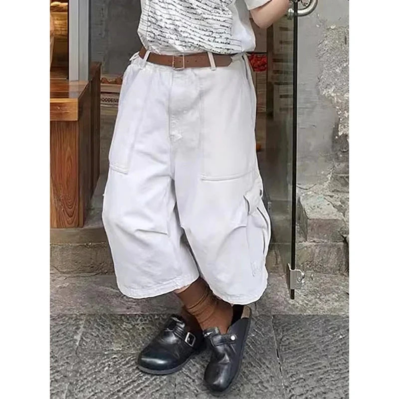 Big Pockets White Denim Cargo Pants Women Solid Vintage Pintuck Adjustable Low Waist Wide Leg Baggy Jorts Summer Clothes