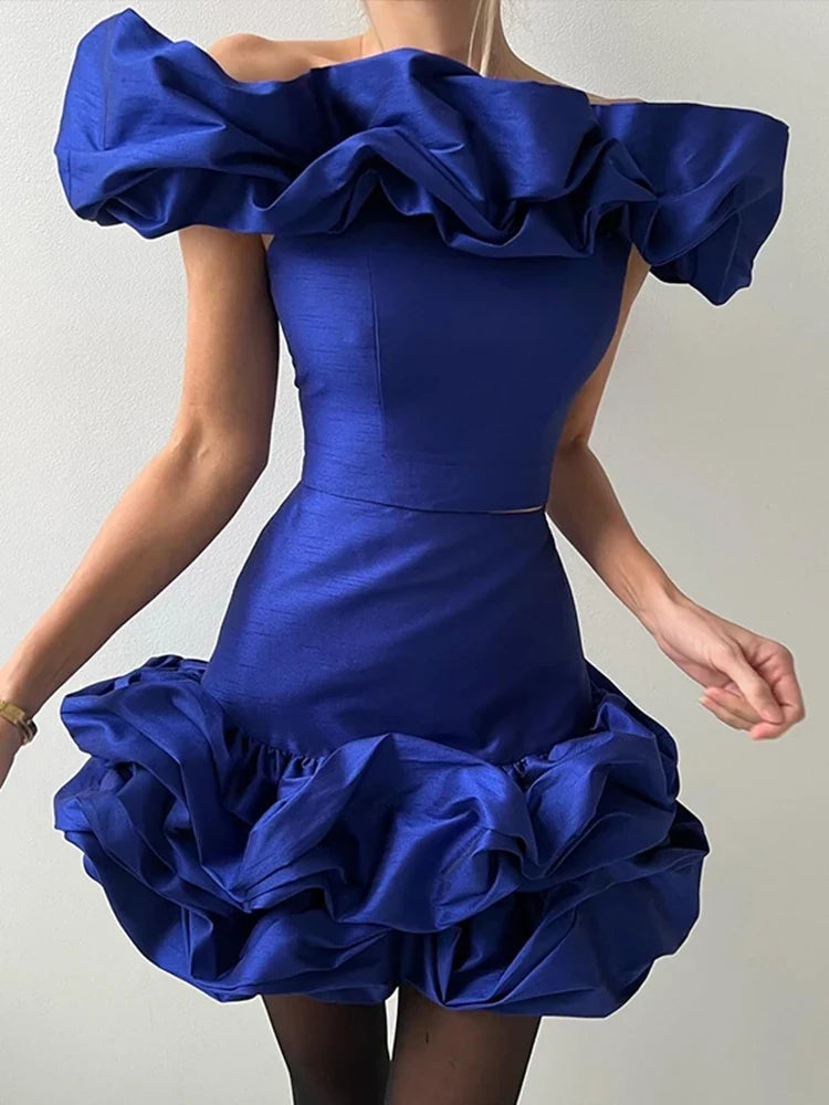 Elegant Women's Suit Slash Neck Pleated Slim Short Top High Waist Zipper Puffy Ruffles Mini Skirt Set Lady New In Matching Sets