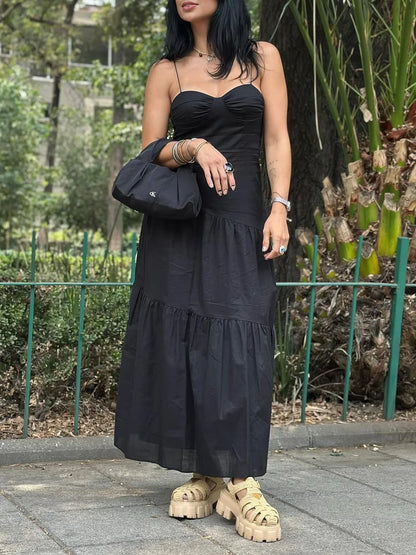 Women's Commuter Retro Dress Summer New Black Suspender Multi-layered Stitching Beach Holiday Dress Sexy V-neck Casual Fashion