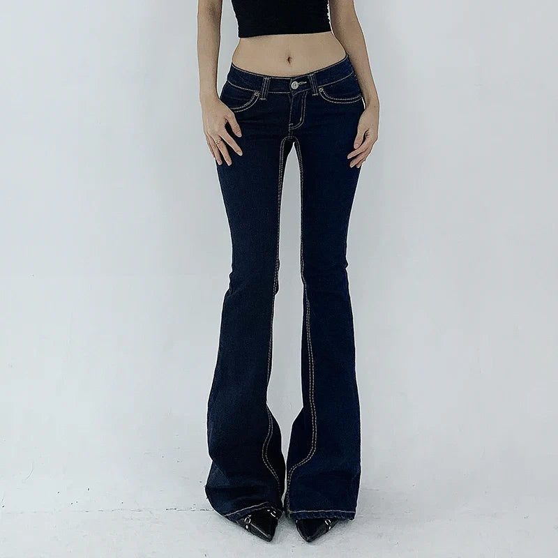 Vintage Dark Blue Y2K Flare Jeans Women Low Rise Skinny Denim Trousers Fashion Basic Boot Cut Pants Retro High Street