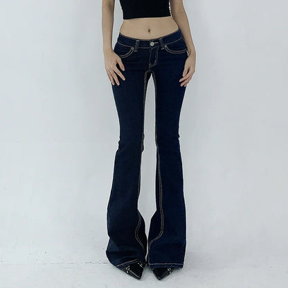 Vintage Dark Blue Y2K Flare Jeans Women Low Rise Skinny Denim Trousers Fashion Basic Boot Cut Pants Retro High Street