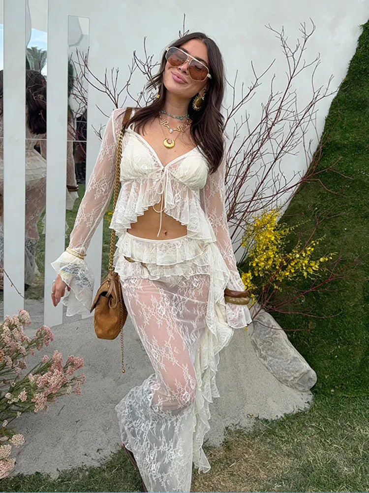 Sexy Ruffle Top Lace Skirt Set Women Loose Lace Up Flare Sleeve Tops See Through Long Skirts 2025 Summer Lady Party Solid Suits