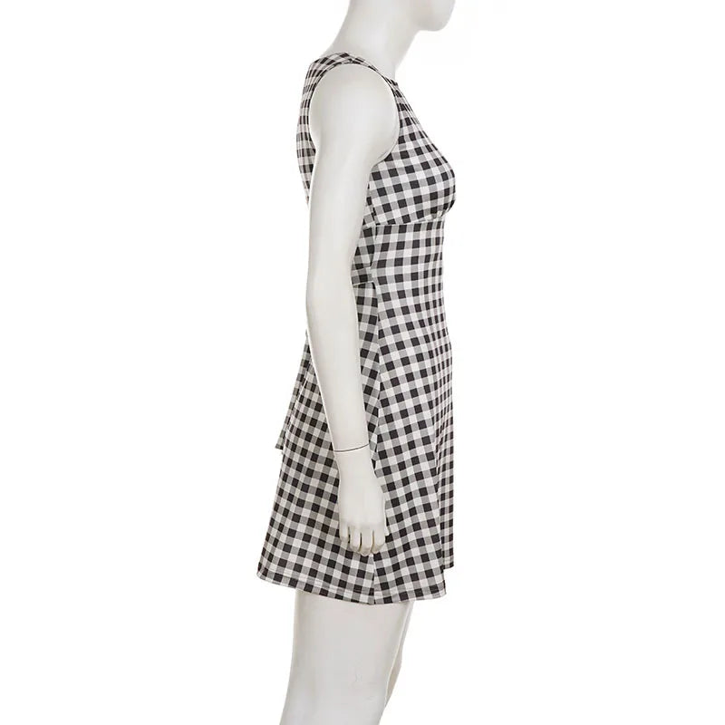 Elegant Women A Line Short Dress Fashion O Neck Plaid Print Sleeveless Tie Waist French Retro Casual Summer Mini Dress