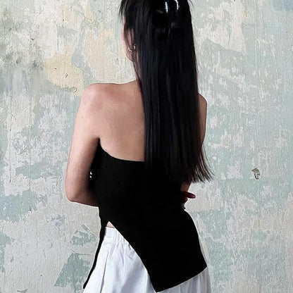 Knitted Strapless Long Split Top For Women Solid Color Sleeveless Backless Club Party Top Y2K Slim Fit Splice Crop Top