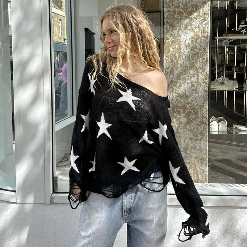Street Stars Printed irregular Wide Collar Sweater Hot Girl Loose Thin Ripped Knit Sexy See Through Pullovers Long Sleeve