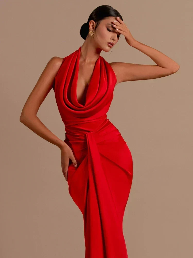 Halter Cowl Neck Waist Knot Draped Panel Maxi Gown
