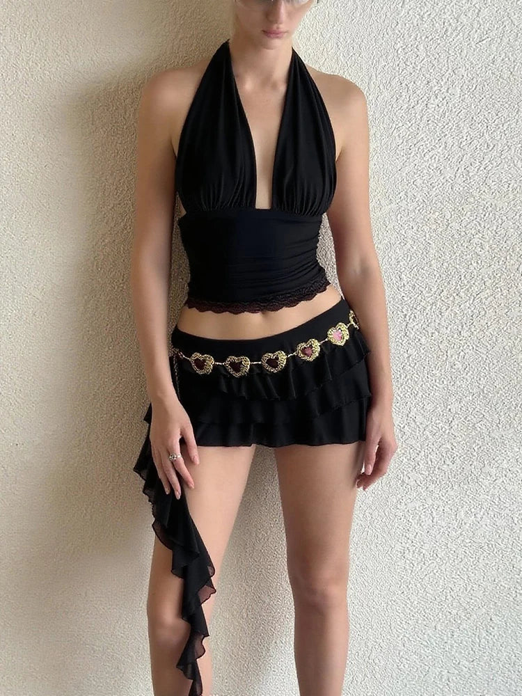 Chic Sexy 2-Piece Set Women Halter v-Neck Backless Folds Lace Vest+Tierred Tassels Butterfly Skirts Matching Party Suits