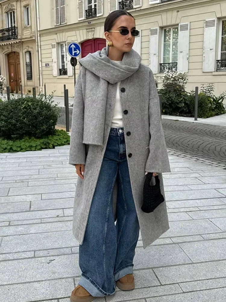 Elegant Autumn Winter Women Scarf Wool Overcoat Fashion Long Sleeve Solid Single Breasted Lady Coats New Daily Chic Outwear