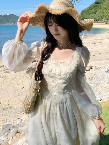 Women Puff Sleeves Floral Lace Up Midi Dress Summer Elegant Medieval Retro Evening Party Prom Chic One-piece Clothing