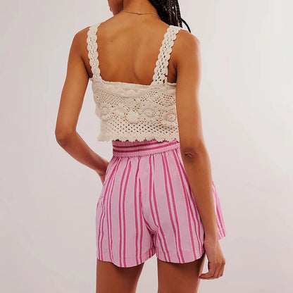 Pocket Striped Shorts Women 2024 Summer New Mid Waist Streetwear Fashion All-match Holiday Short Pants Cozy Casual Beach Shorts