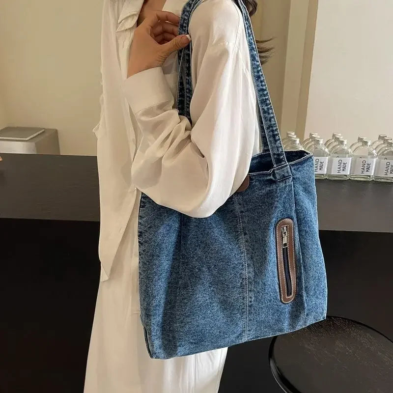 Large Capacity Denim Single Shoulder Bag New Fashion Versatile Tote Retro Commuting Casual Bags