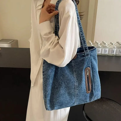 Large Capacity Denim Single Shoulder Bag New Fashion Versatile Tote Retro Commuting Casual Bags