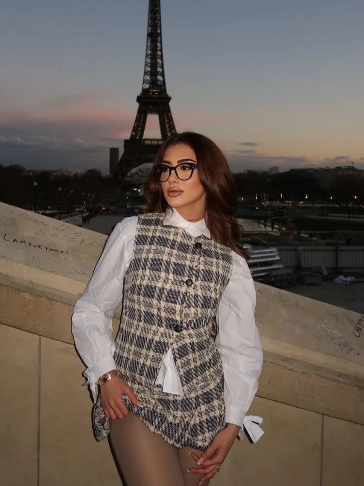 Women Retro Plaid Pleated Culottes Sets Lady Casual Sleeveless Single Breasted Slim Short Vest Suit 2026 Daily Commute Outfits