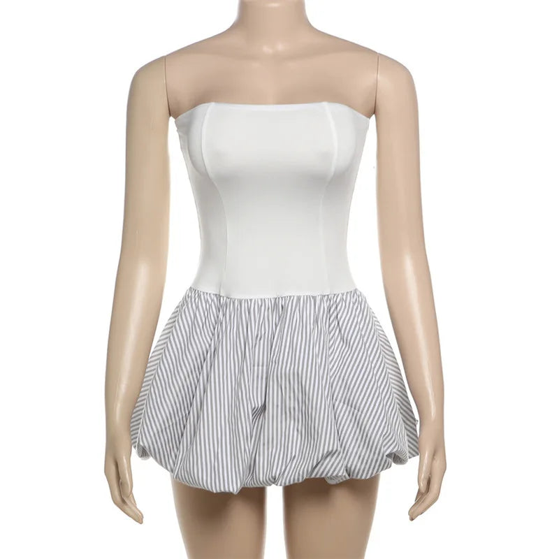 Elegant Contrast Color Strapless Backless Striped Dress Slim Fit For Women Patchwork Folds Vest Dress Party Club Clothes