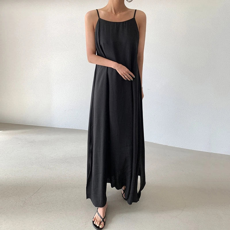 fashion chic A-line sleeveless loose vestidos for vacation beach casual solid sqaure collar basic women summer long dress 2024