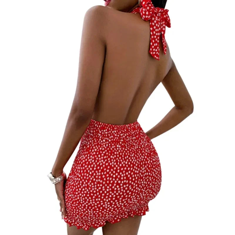 Women Close-fitting Backless Dress Sexy Floral Printed Pattern Halter Neck Hollow Out Short Dresses Summer Club Wear