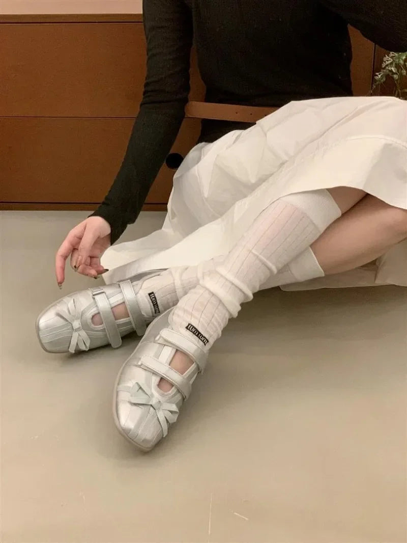Sweet Pink Bow Ballet Flats Women Fashion Double Narrow Band Design Brand Mary Jane Shoes Comfort Round Toe Shallow Casual Shoes