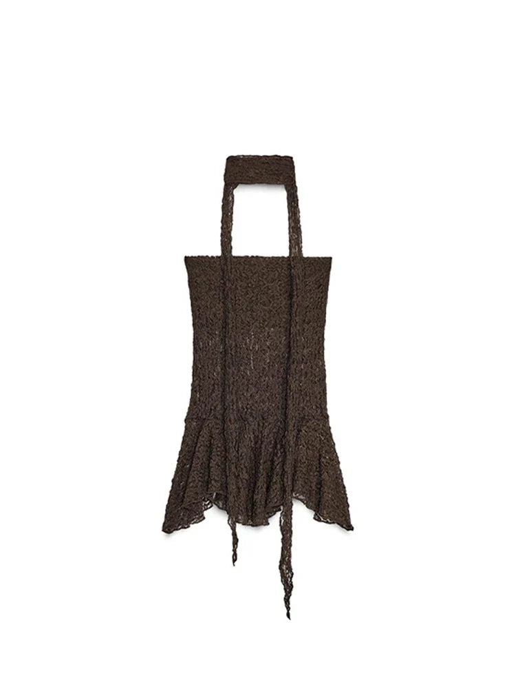 Sexy Lace See Through Pant Set Women Brown Strapless Sleeveless Scarf Tank Flare Long Trousers 2025 Summer Lady Slim Outfits