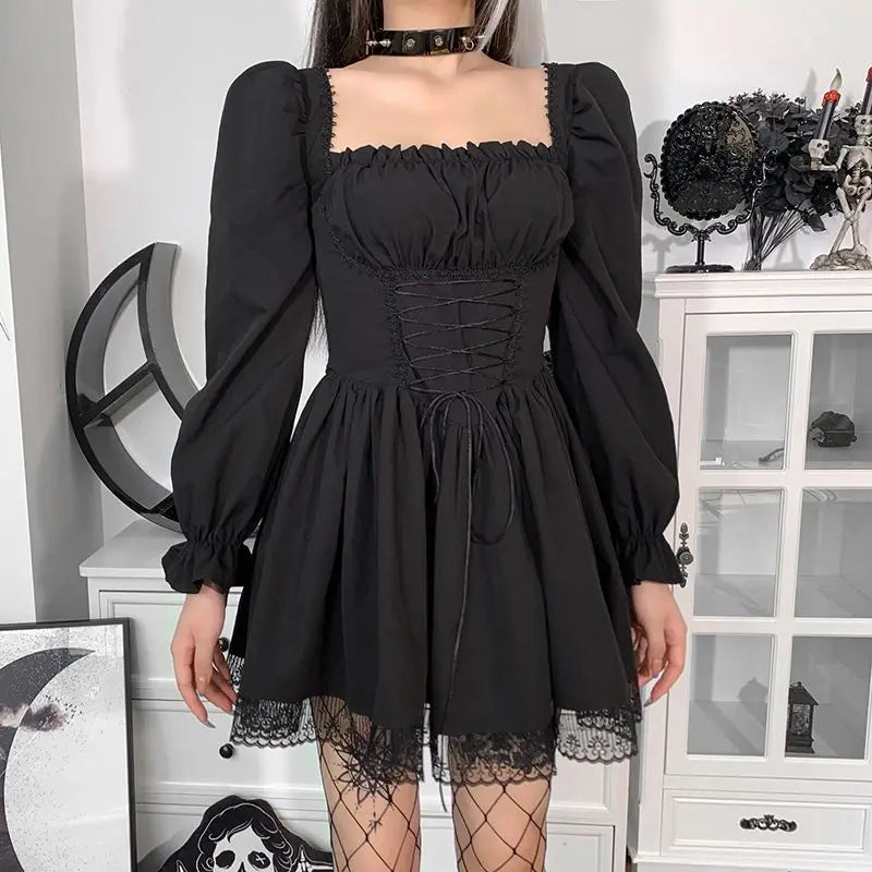 Dress Lace Splicing Puff Sleeves Strap Waist Yabi Long-Sleeved 2024 Spring And Summer New French Ins Princess Skirt