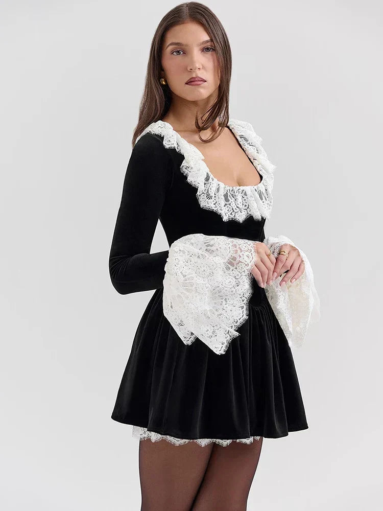 Square Neck Long Sleeve Lace Panel Corset Mini Dress