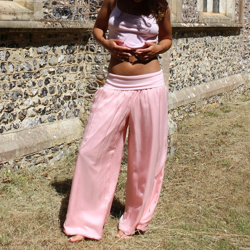 Womens Wide Leg Long Pants Elastic High Rise Fold Over Waist Trousers Loose Fit Casual Palazzo Pants Street Beachwear