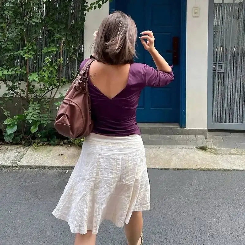 Sexy V-Neck Mid Sleeve Women Top Fashion Solid Color Patchwork Backless Slim T-shirts Y2K Summer Streetwear Casual Tees