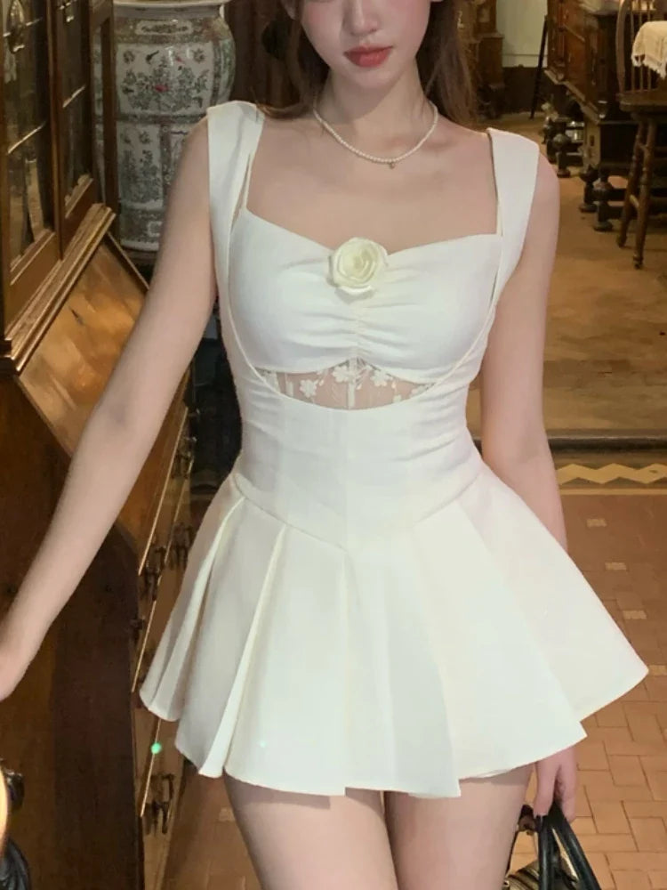 Princess Elegant Chic One Piece Dress Women Solid Vintage Cute Mini Dress Female Y2k French Style White Flower Strap Dress
