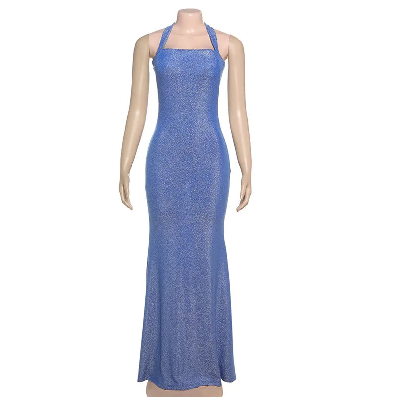 Glitter Halter Square Neck Mermaid Flare Maxi Dress