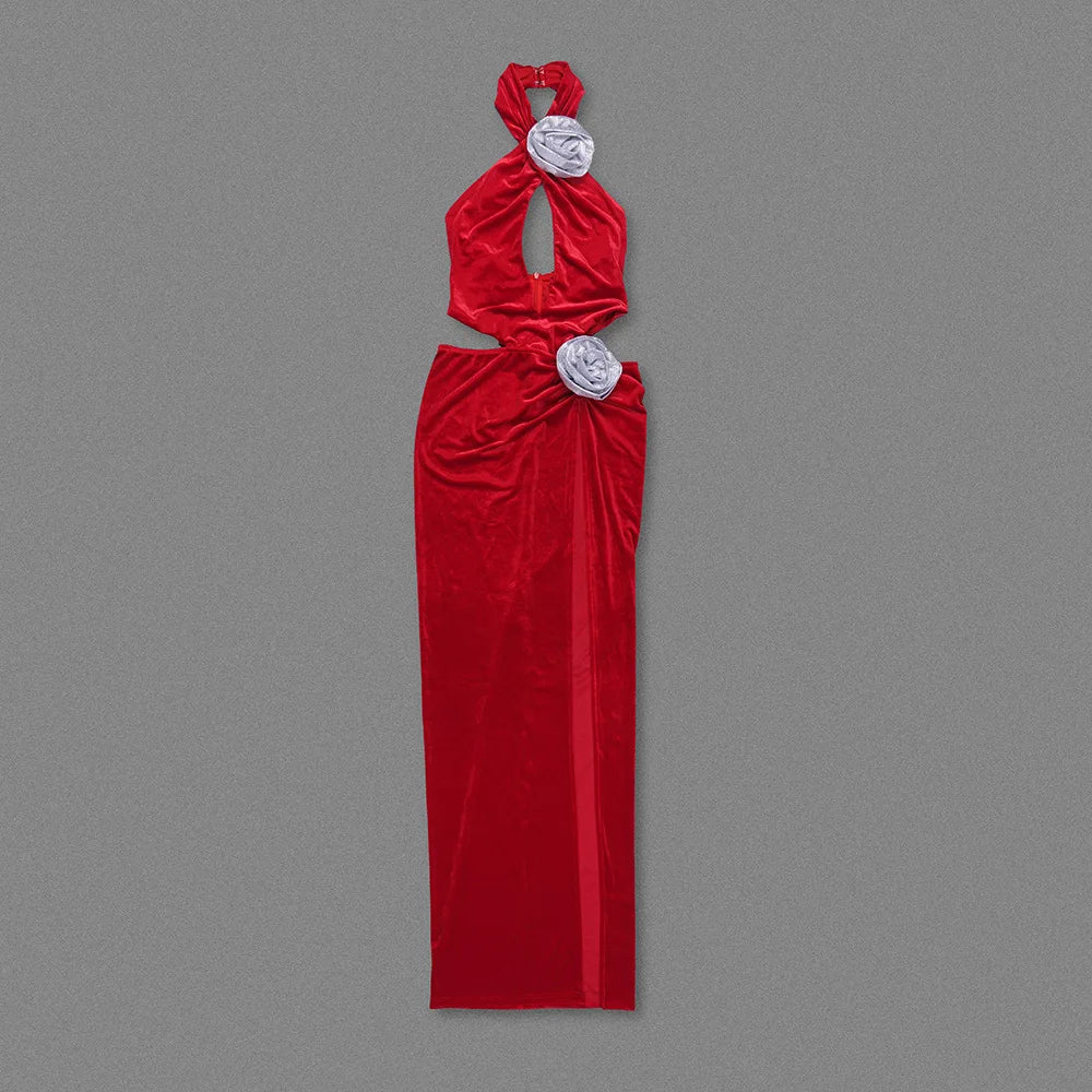 Halter Keyhole Cutout Side Cutout 3D Applique Slit Maxi Gown