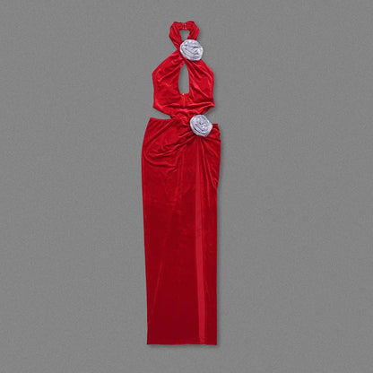 Halter Keyhole Cutout Side Cutout 3D Applique Slit Maxi Gown