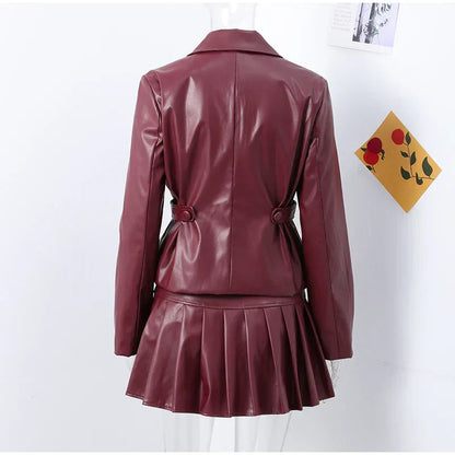 Double Breasted Faux Leather Blazer Pleated Mini Skirt Set