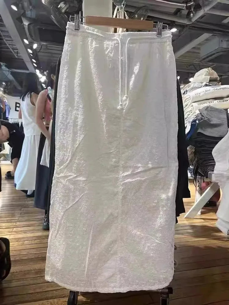 Casual White Hook Flower Embroiderylong Skirt Cotton New Elastic High Waist Drawstring Fashion Summer Skirts Holiday Beach