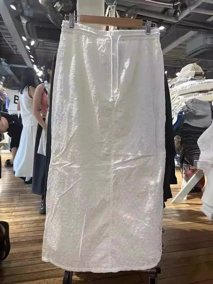 Casual White Hook Flower Embroiderylong Skirt Cotton New Elastic High Waist Drawstring Fashion Summer Skirts Holiday Beach